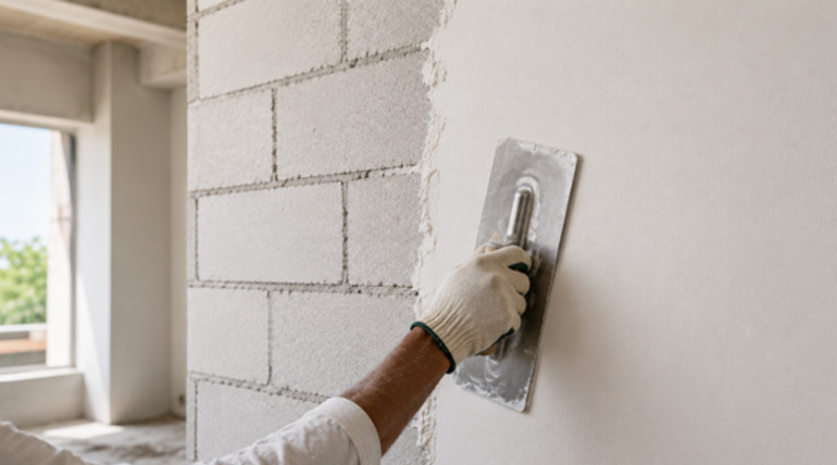 Cost-effective wall plastering using single-coat of Walplast HomeSure GypEx gypsum plaster directly on AAC block wall.