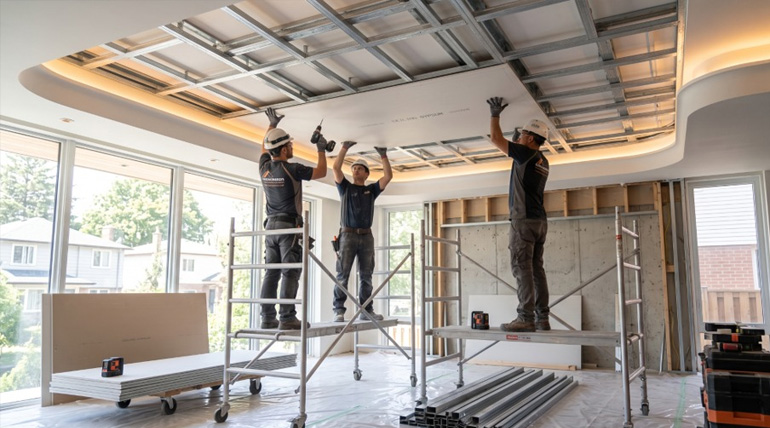 Gypsum Board ceiling installation on a metal framework by professional construction workers using HomeSure GypEx Board.