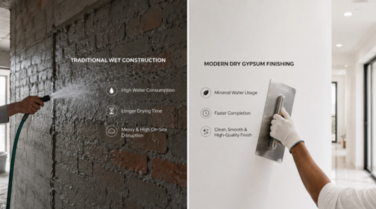 Gypsum plaster vs sand cement comparison highlighting zero water curing & faster application with Eco-friendly gypsum plaster