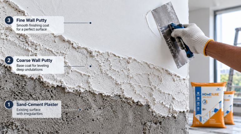 3-step wall preparation system showing sand-cement plaster, coarse wall putty base coat, and fine wall putty finish