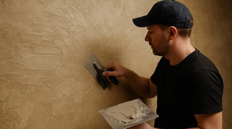 Applicator applying Walplast HomeSure ScratchEx scratch plaster acrylic texture to wall surface using trowel.