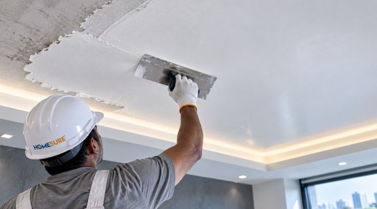 Applying the best putty for ceiling smoothing using high-cohesion Walplast HomeSure wall putty for interior walls