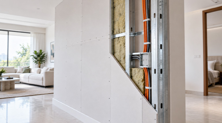 Walplast gypsum board partition wall with acoustic insulation and concealed wiring conduit.