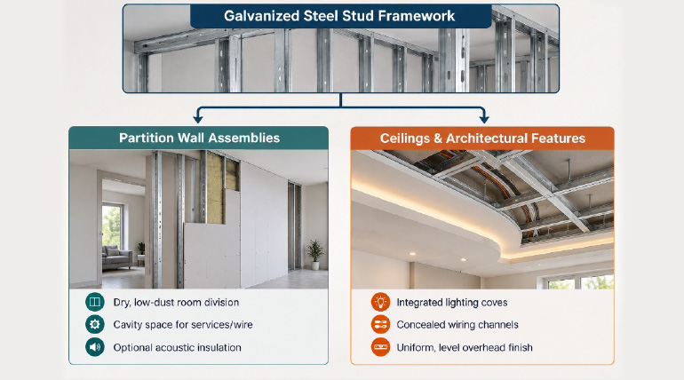 Diagram of Walplast gypsum board partition walls and false ceiling assemblies with steel framework.