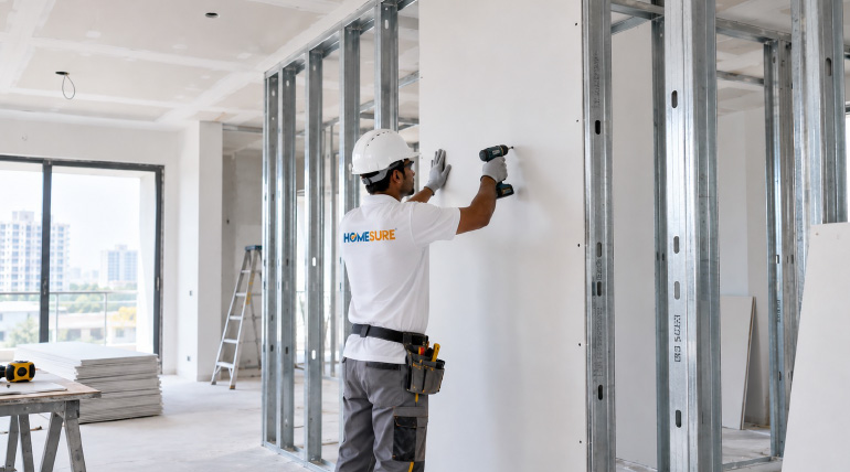 Fast installation of a Walplast HomeSure gypsum board partition wall using dry construction.