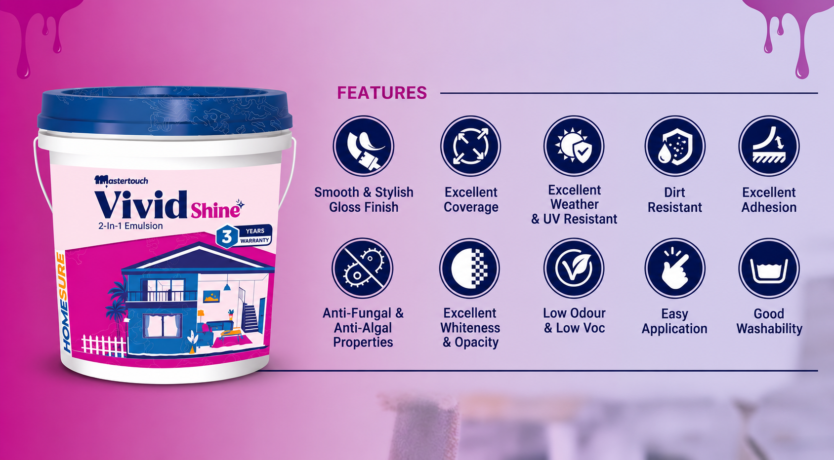 Features of Walplast HomeSure MasterTouch 2-in-1 emulsion paint for durable interior & exterior painting.