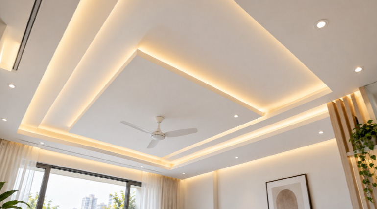 Multi-tier gypsum board false ceiling installation in a modern home interior using Walplast HomeSure GypEx gypsum board.