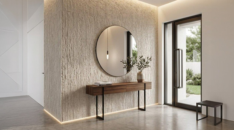 Vertical groove interior wall texture design in a modern entryway using Walplast acrylic wall texture, HomeSure ScratchEx.