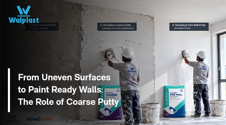 3-step wall preparation showing sand-cement plaster, Walplast HomeSure Coarse Putty leveling, and Fine Wall Putty finish.