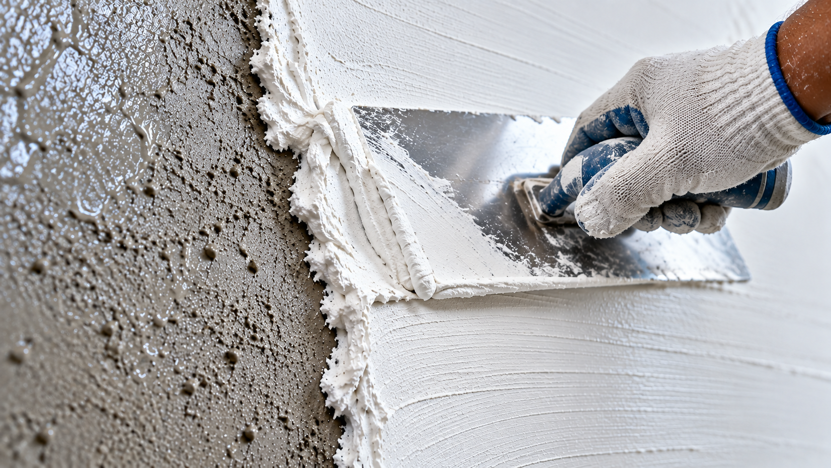 Applying Walplast HomeSure coarse wall putty with a trowel over rough plaster to level uneven wall surfaces