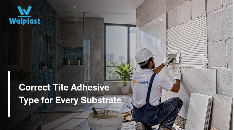 Bathroom wall tile adhesive installation on masonry substrate using Walplast HomeSure TileEx adhesive