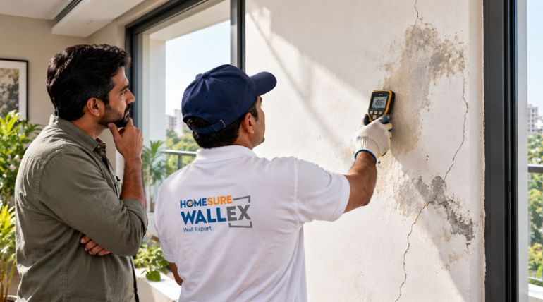 Checking damp wall patches before external painting using Walplast HomeSure wall repair and protection solutions