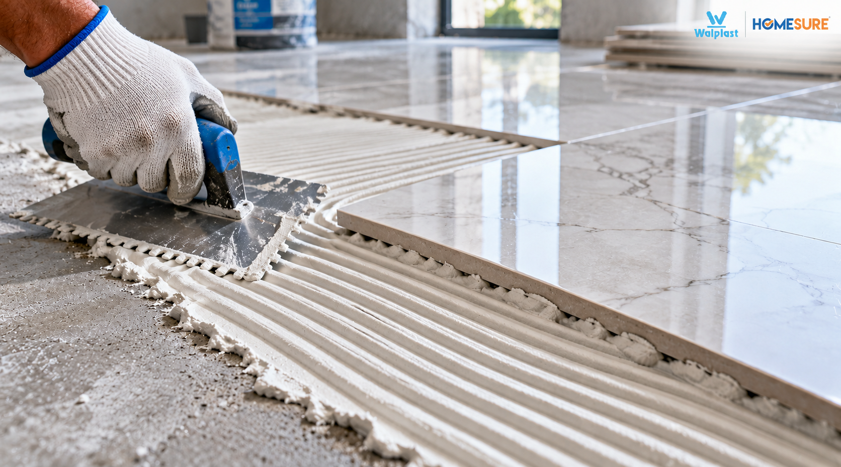 Combing floor mortar with a notched trowel for proper floor adhesive for tiles bonding with HomeSure TileEx
