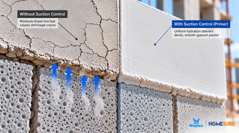 Comparison of cracked plaster without suction control versus smooth Walplast HomeSure gypsum plaster with primer