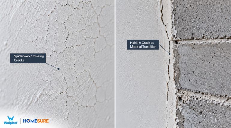 Inspecting spiderweb wall cracks and joint cracks on plaster surface before applying Walplast crack