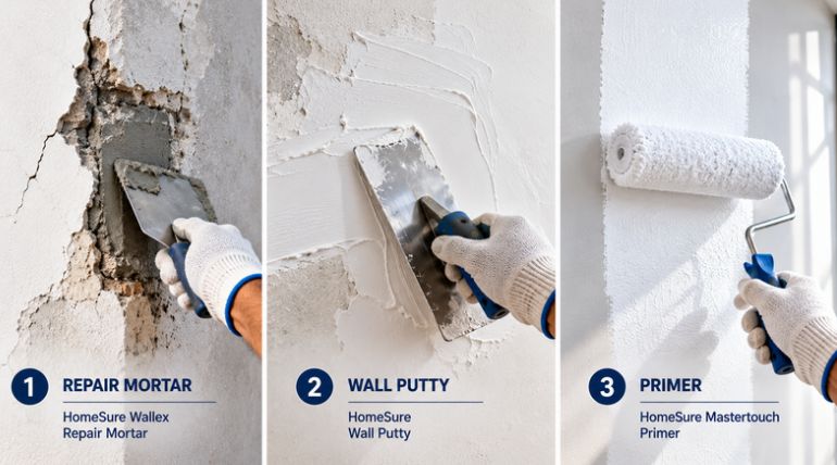 Wall repair guide showing repair mortar, wall putty, and purpose of primer paint before exterior emulsion application