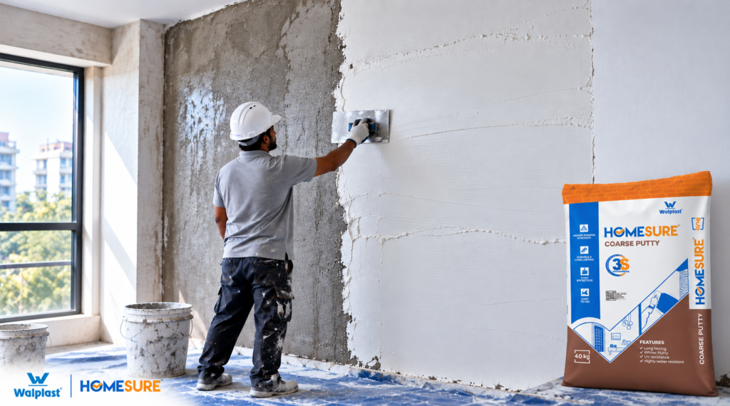 Worker applying first coat of Walplast HomeSure coarse putty for surface levelling on an interior wall